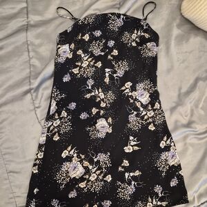 miami Black Mini Slip Dress with Lavender and Cream Floral Print